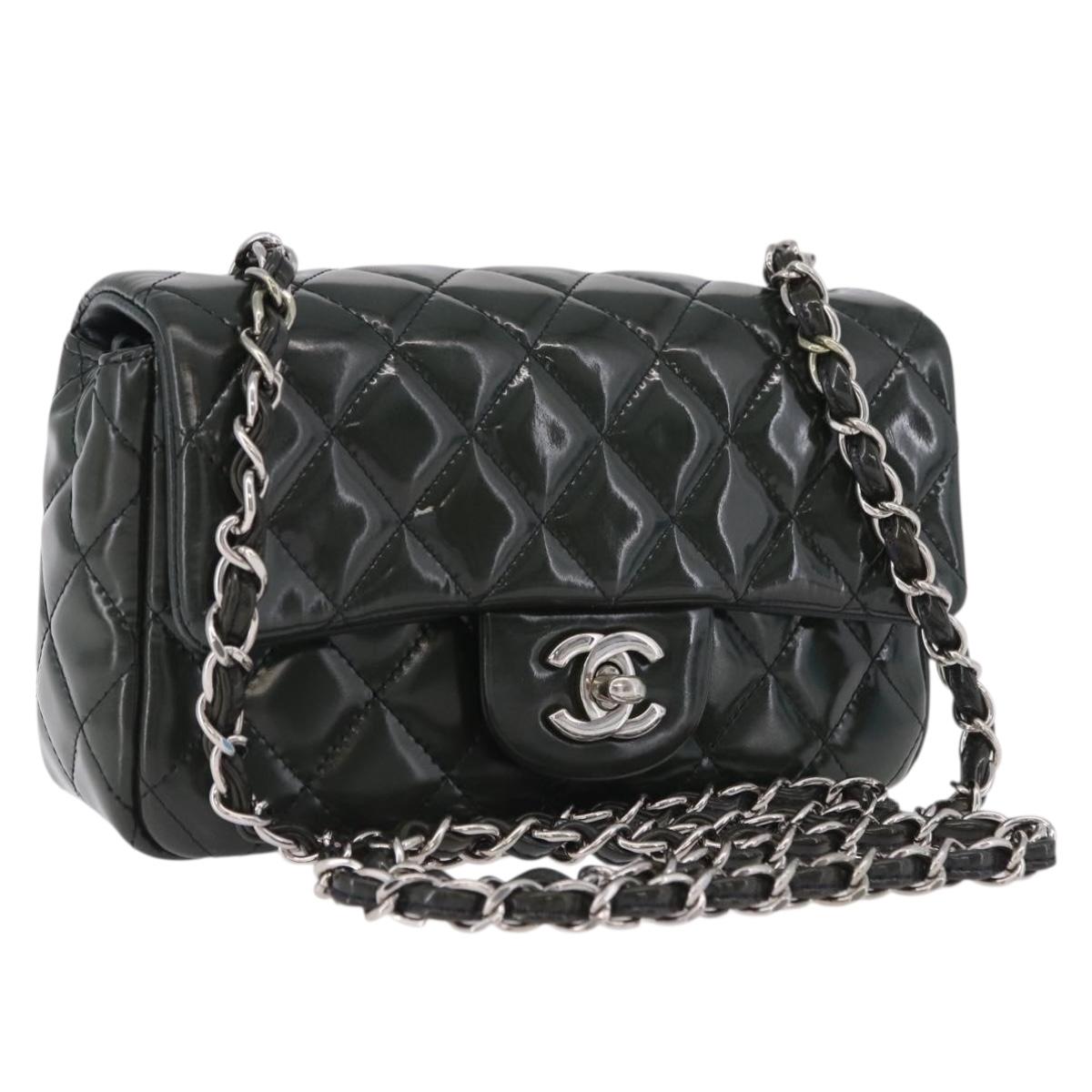 CHANEL COCO Mark Turn Lock Chain Bag Patent leather Khaki Silver CC Auth 196818M