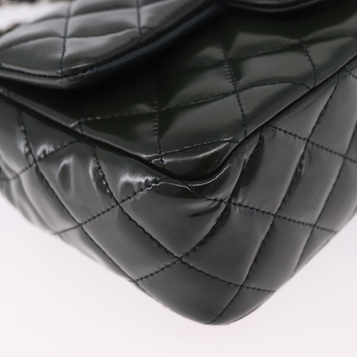 CHANEL COCO Mark Turn Lock Chain Bag Patent leather Khaki Silver CC Auth 196818M