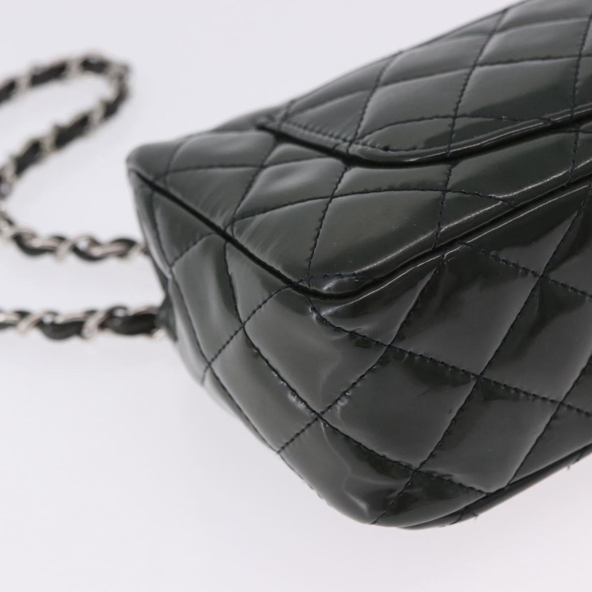 CHANEL COCO Mark Turn Lock Chain Bag Patent leather Khaki Silver CC Auth 196818M