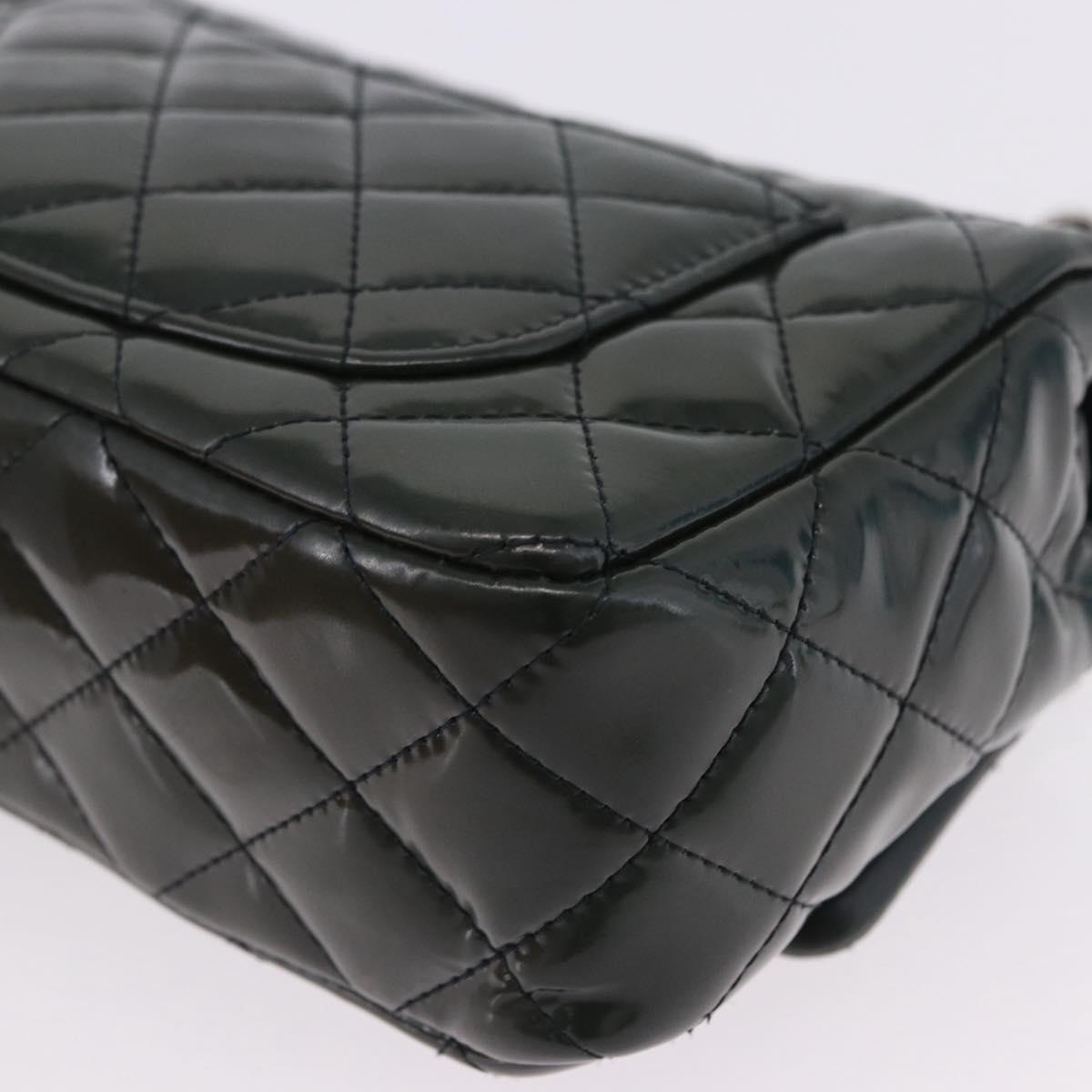 CHANEL COCO Mark Turn Lock Chain Bag Patent leather Khaki Silver CC Auth 196818M