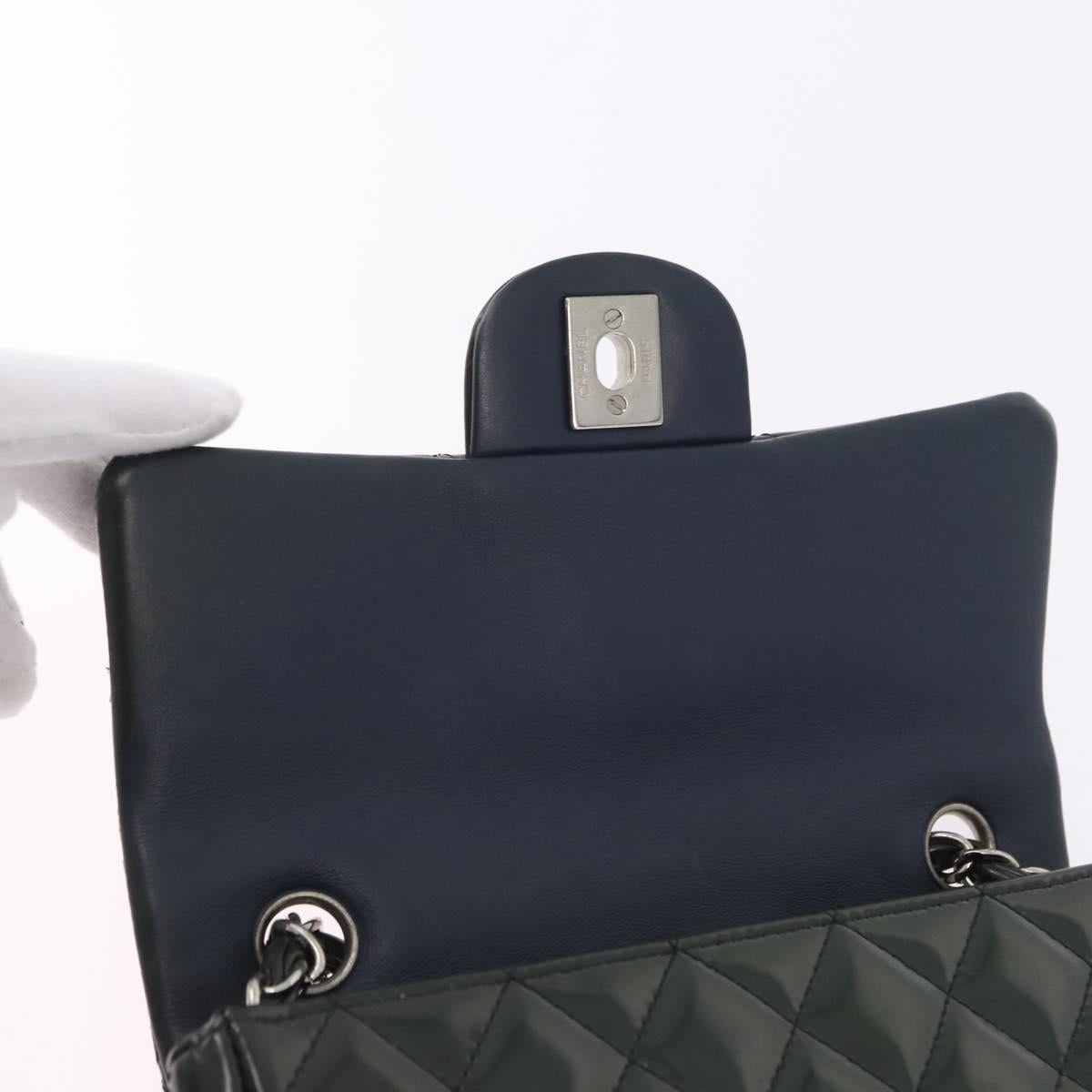 CHANEL COCO Mark Turn Lock Chain Bag Patent leather Khaki Silver CC Auth 196818M