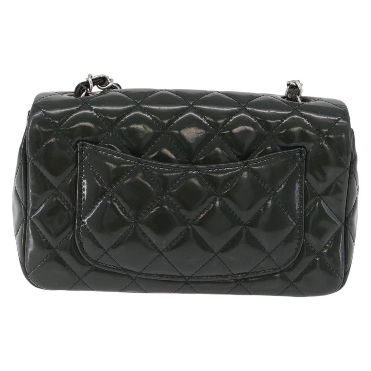 CHANEL COCO Mark Turn Lock Chain Bag Patent leather Khaki Silver CC Auth 196818M