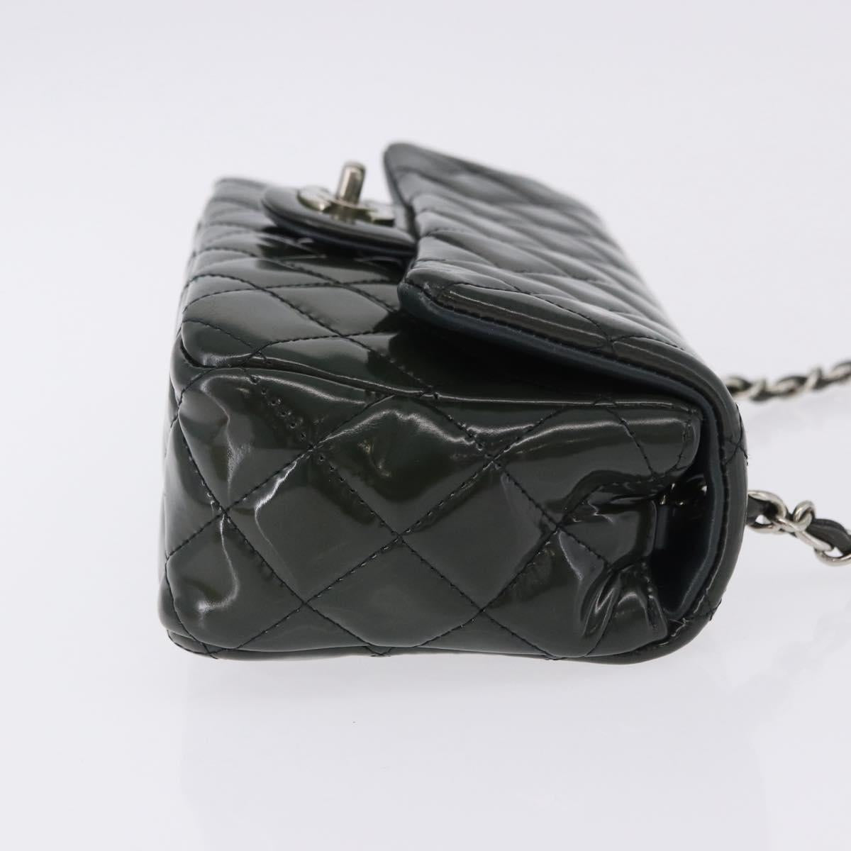 CHANEL COCO Mark Turn Lock Chain Bag Patent leather Khaki Silver CC Auth 196818M