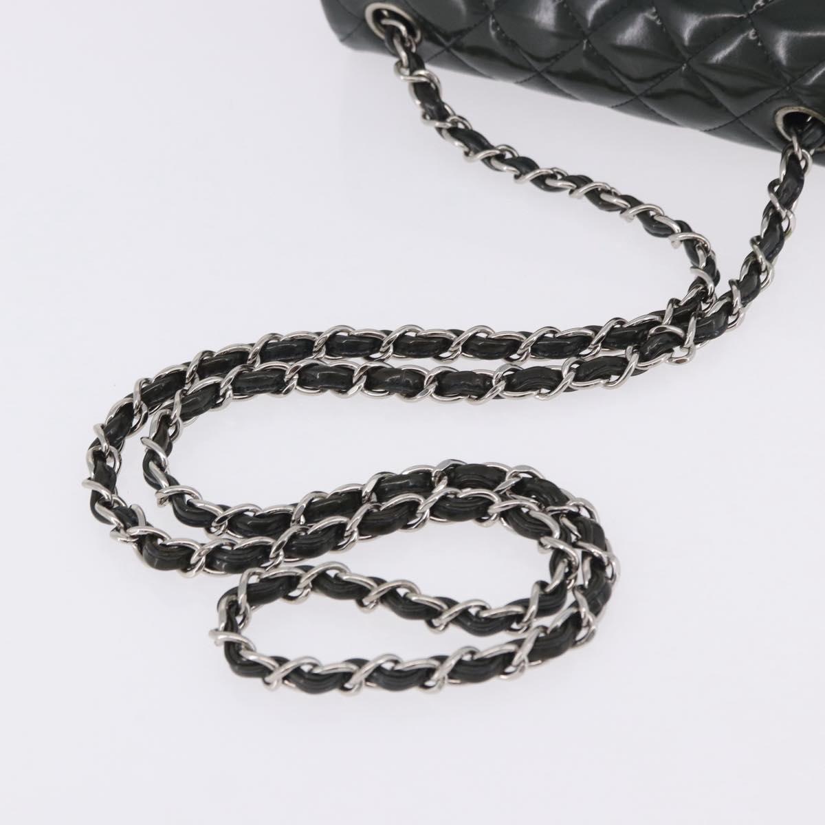 CHANEL COCO Mark Turn Lock Chain Bag Patent leather Khaki Silver CC Auth 196818M