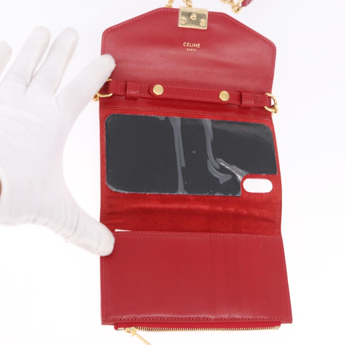 CELINE Chain Wallet Leather Red Gold Auth 196822M
