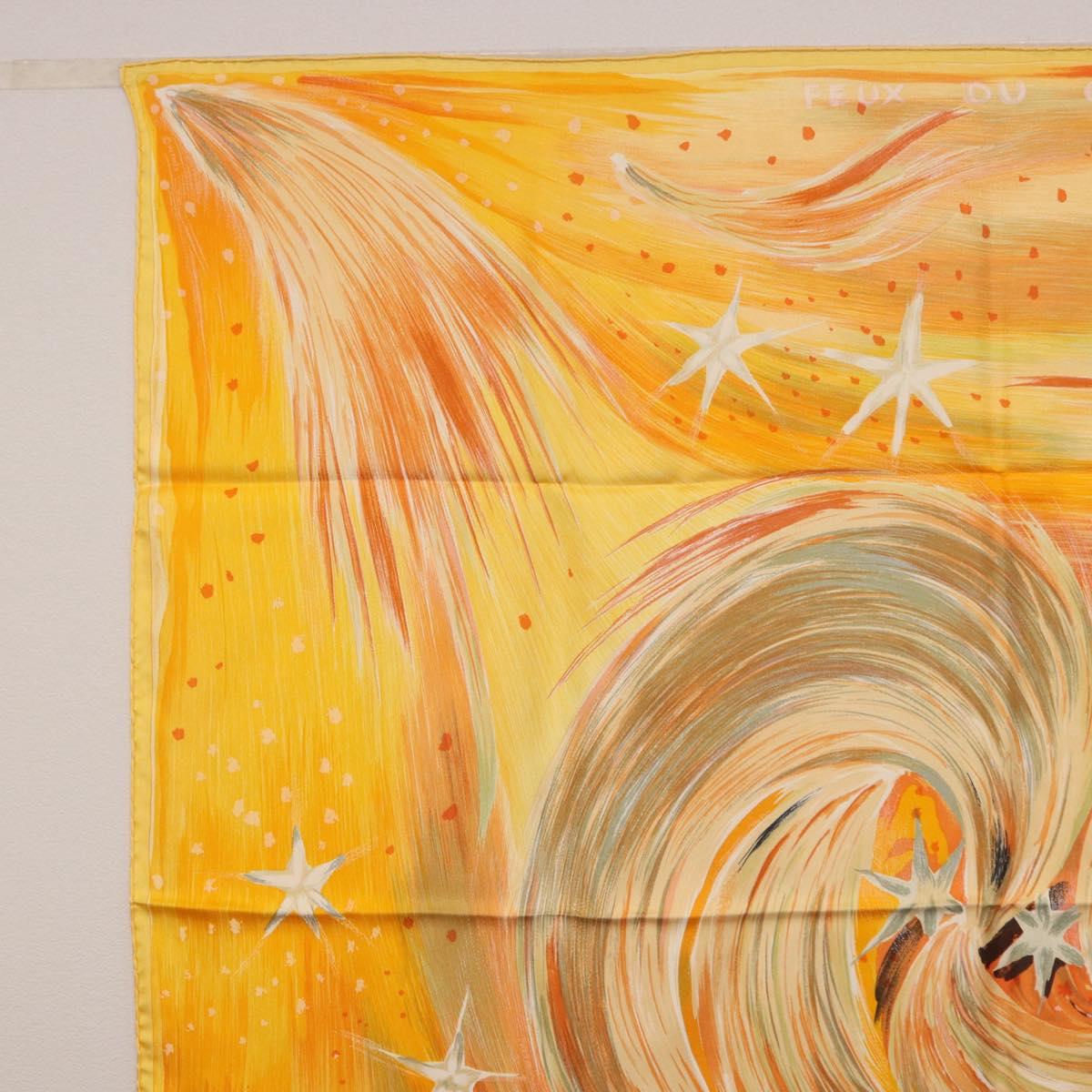 HERMES Carre 90 Scarf ""FEUX DU CIEL"" Silk Yellow Auth 196844M