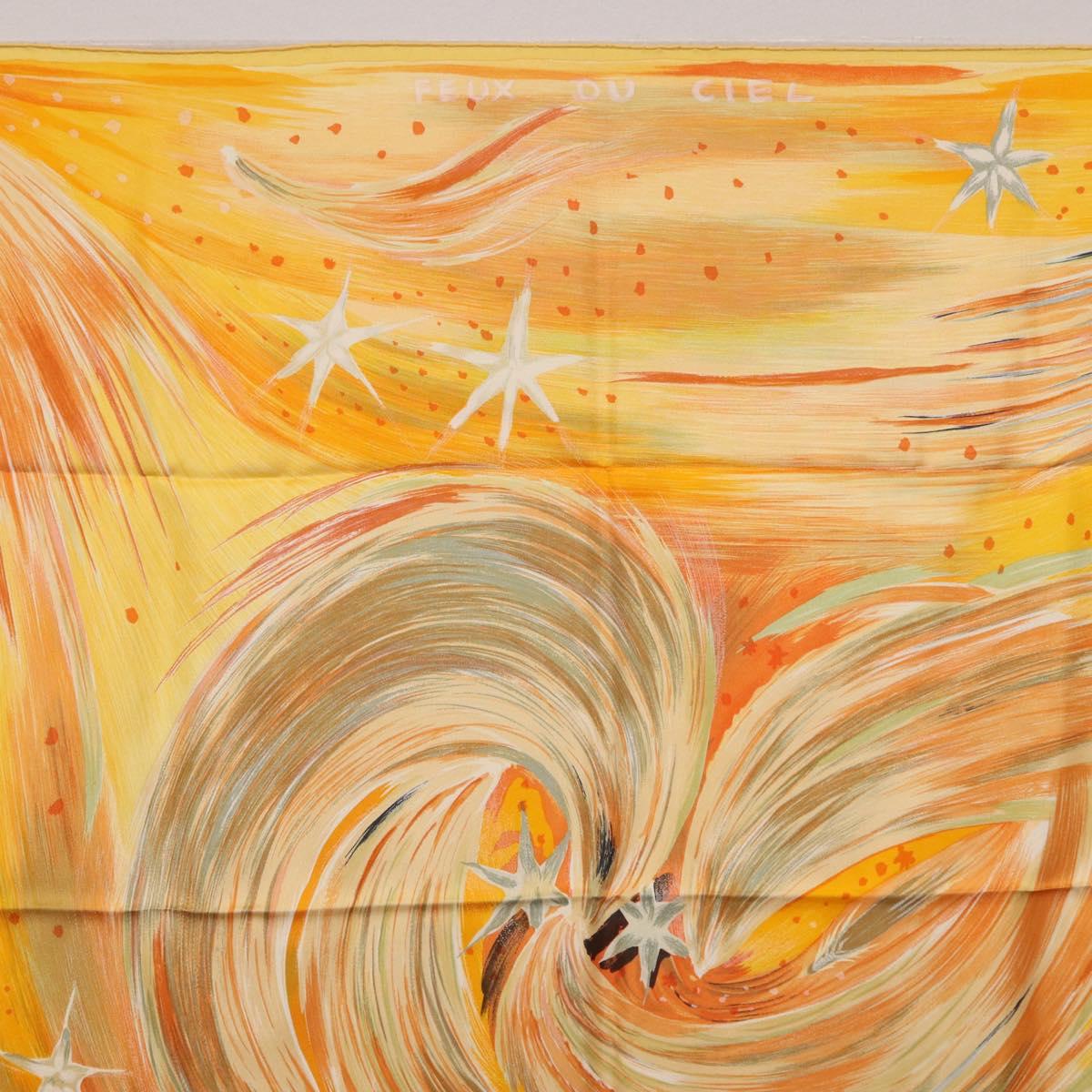 HERMES Carre 90 Scarf ""FEUX DU CIEL"" Silk Yellow Auth 196844M