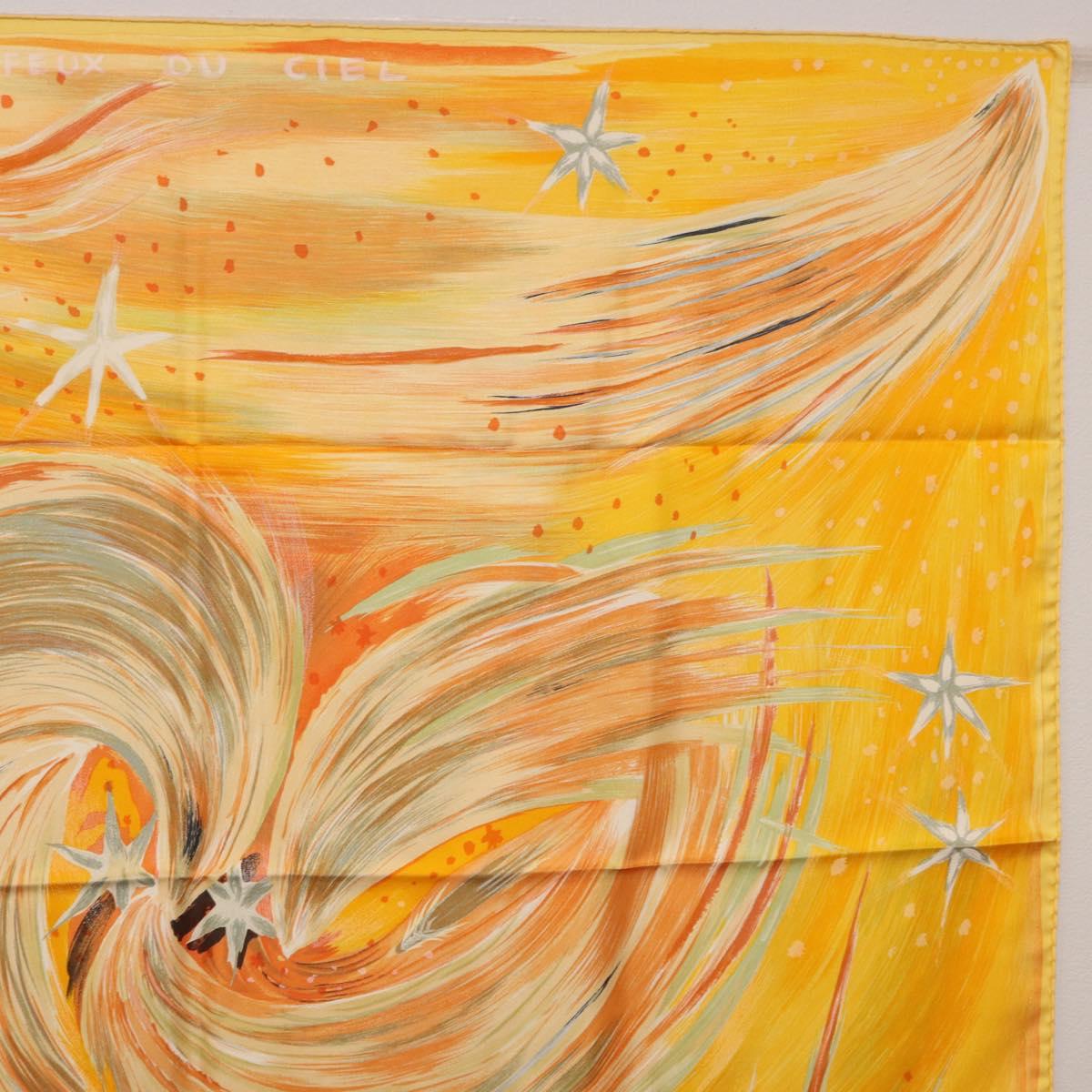 HERMES Carre 90 Scarf ""FEUX DU CIEL"" Silk Yellow Auth 196844M