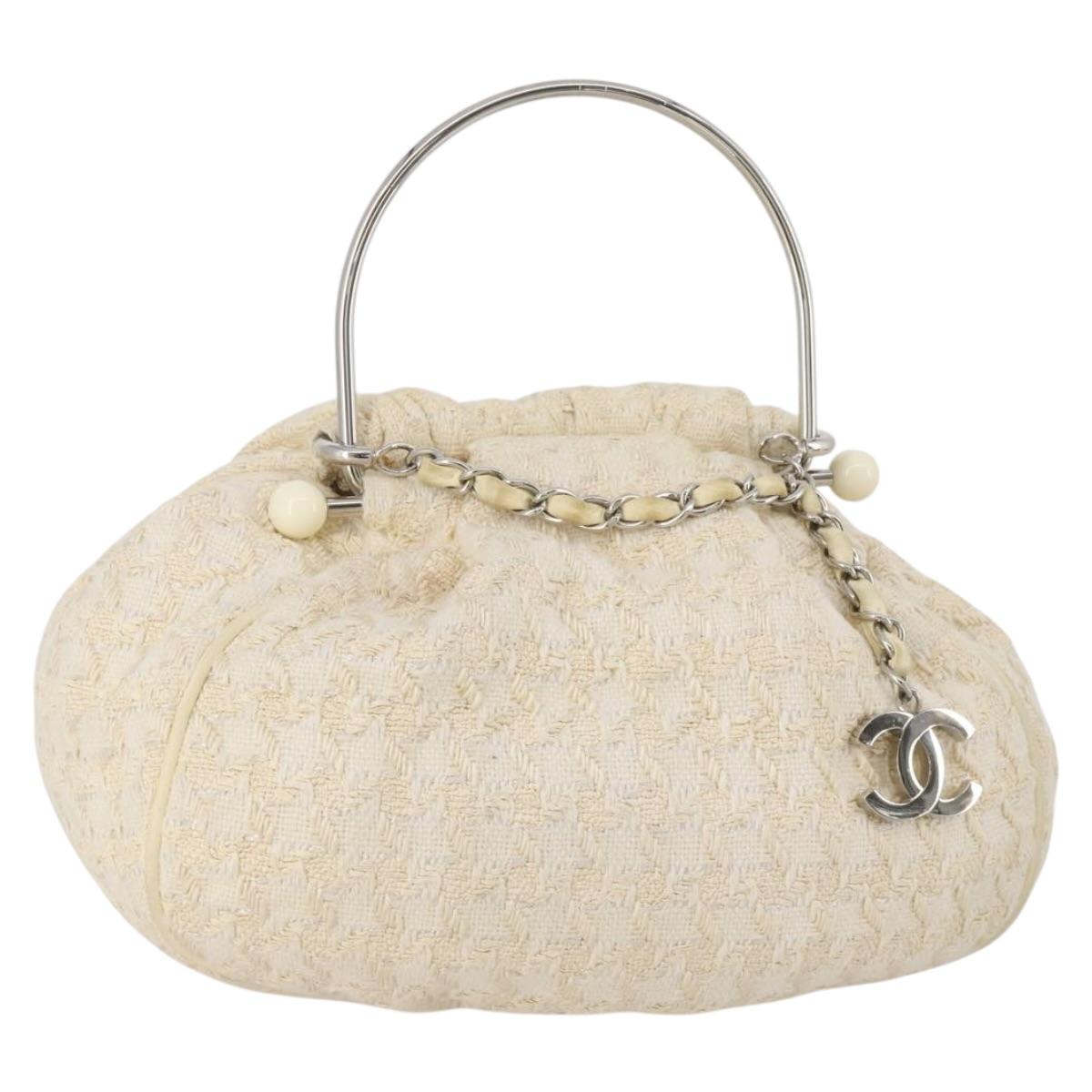 CHANEL Hand Bag Tweed White Silver CC Auth 196872