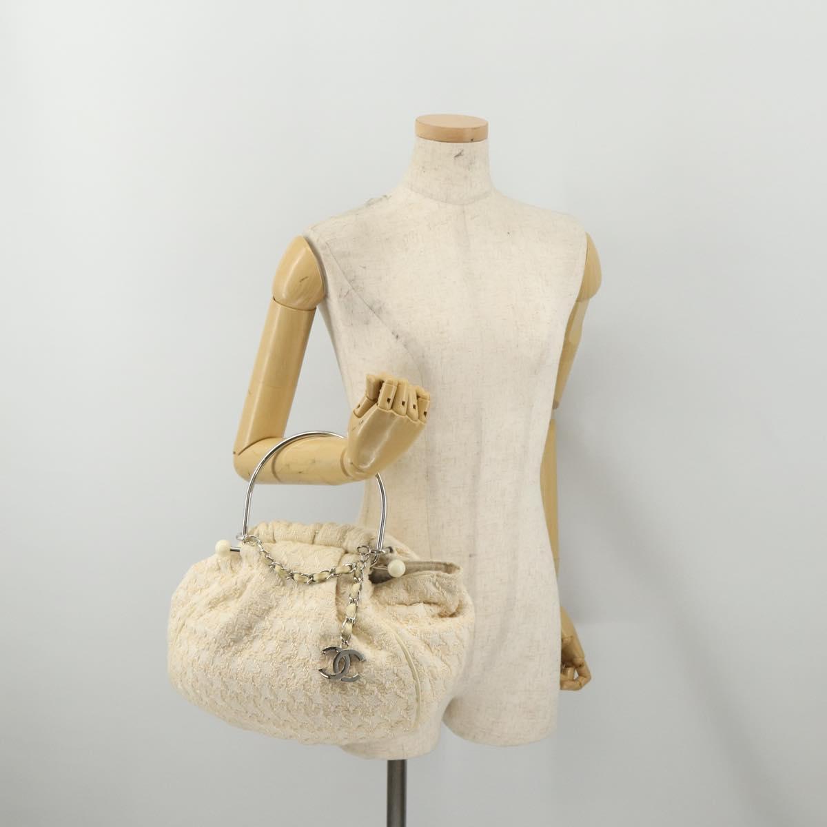 CHANEL Hand Bag Tweed White Silver CC Auth 196872