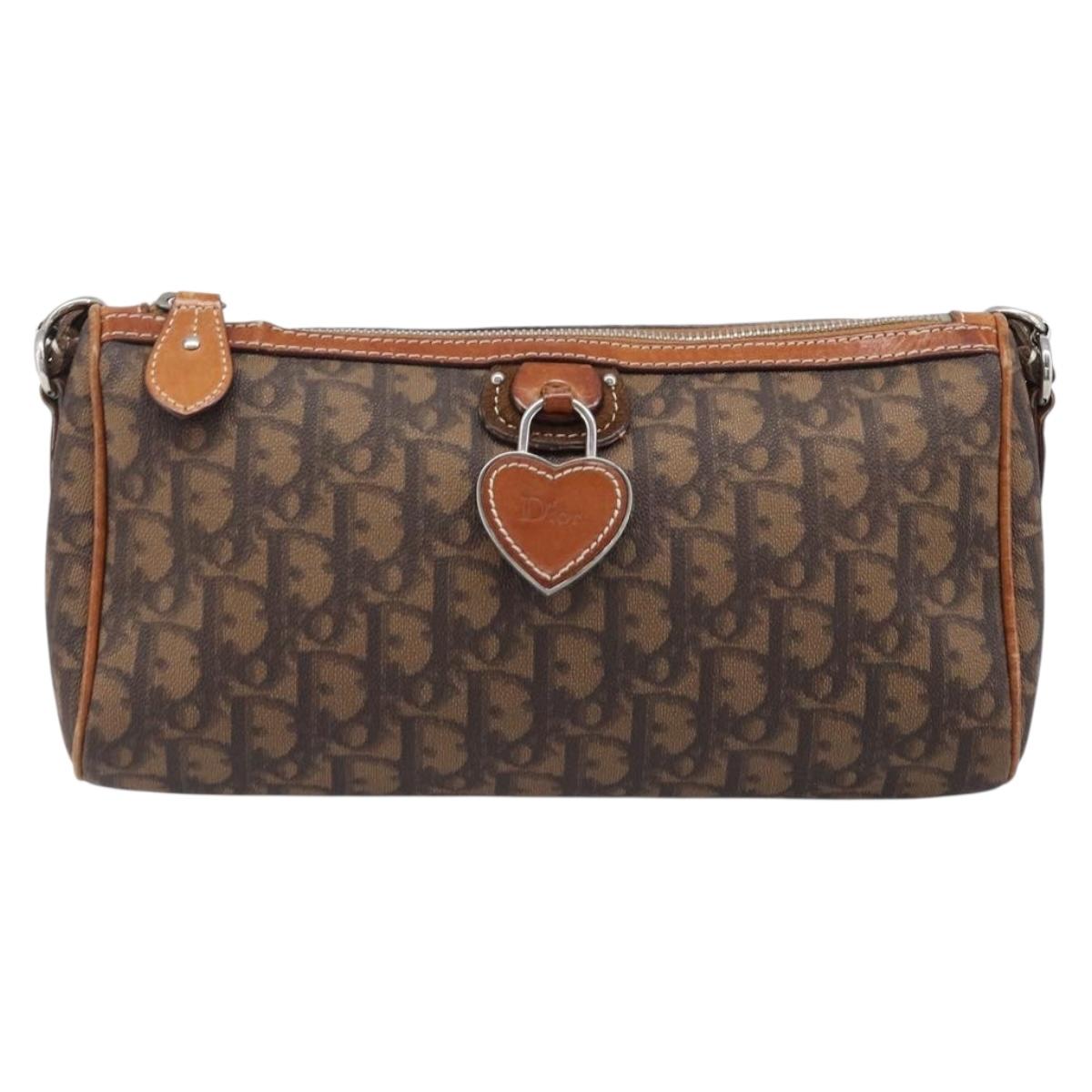 Christian Dior Trotter Canvas Romantic Chain Bag PVC Brown Silver Auth 196875M