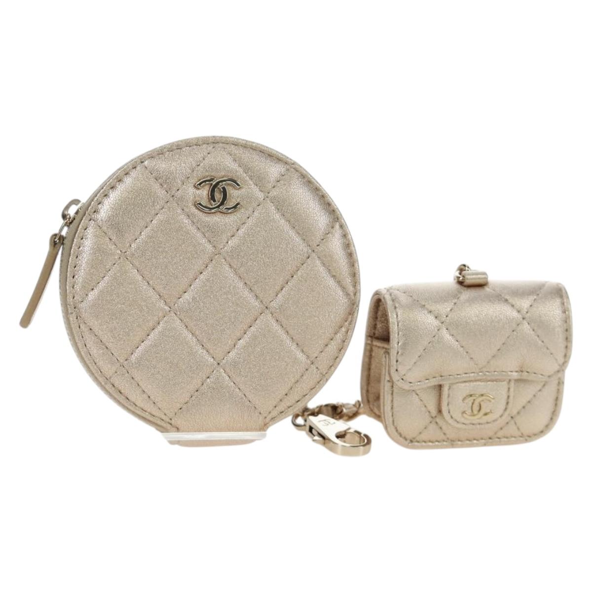 CHANEL Matelasse AirPods Case & Coin Purse Lamb Skin Gold CC Auth 196880M