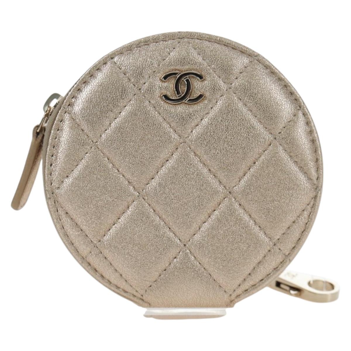 CHANEL Matelasse AirPods Case & Coin Purse Lamb Skin Gold CC Auth 196880M