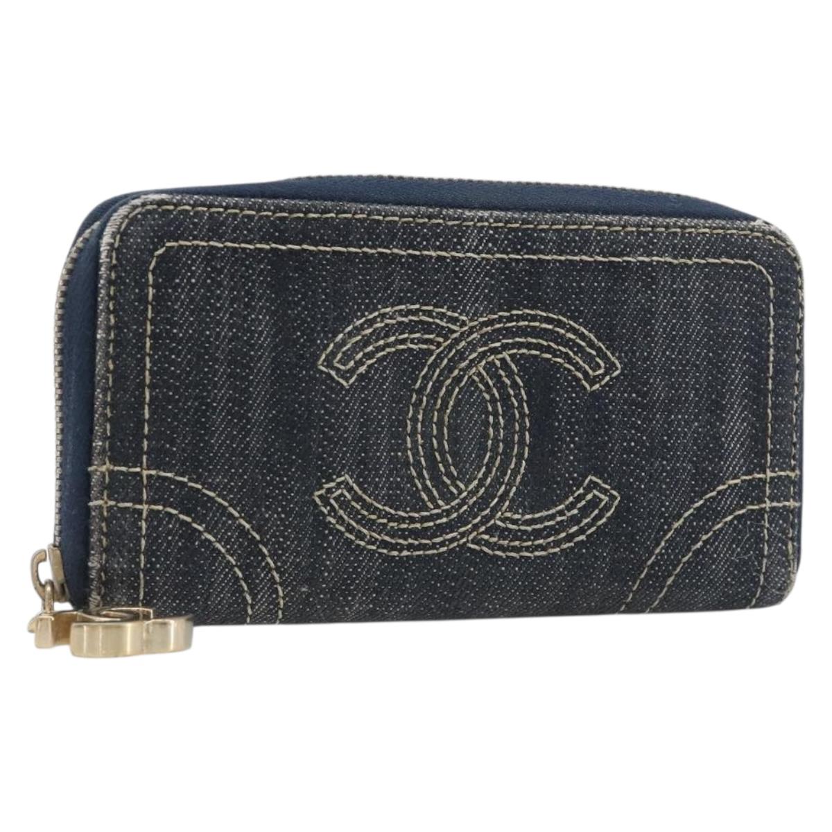 CHANEL COCO Mark Coin Purse Denim Blue Gold CC Auth 196884A