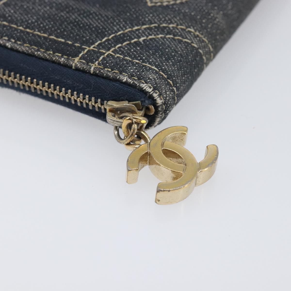 CHANEL COCO Mark Coin Purse Denim Blue Gold CC Auth 196884A
