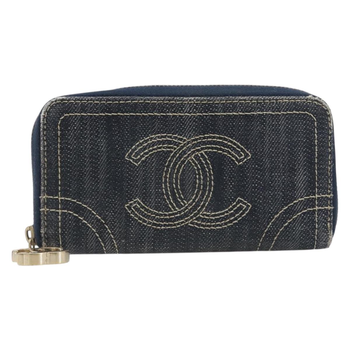 CHANEL COCO Mark Coin Purse Denim Blue Gold CC Auth 196884A
