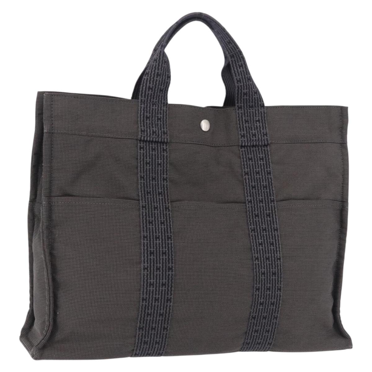 HERMES Her Line MM Hand Bag Canvas Gray Silver Auth 196917