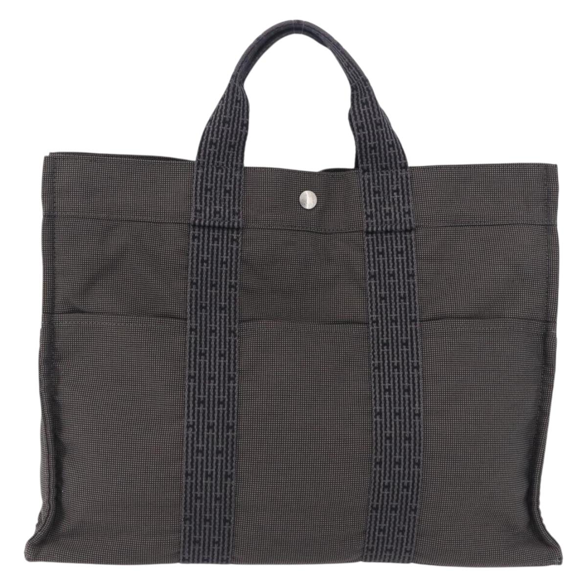 HERMES Her Line MM Hand Bag Canvas Gray Silver Auth 196917
