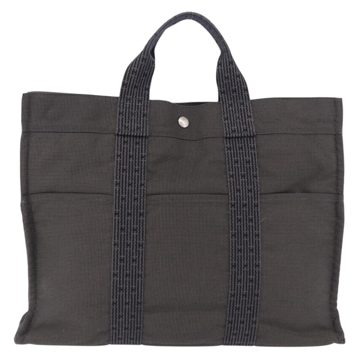 HERMES Her Line MM Hand Bag Canvas Gray Silver Auth 196917