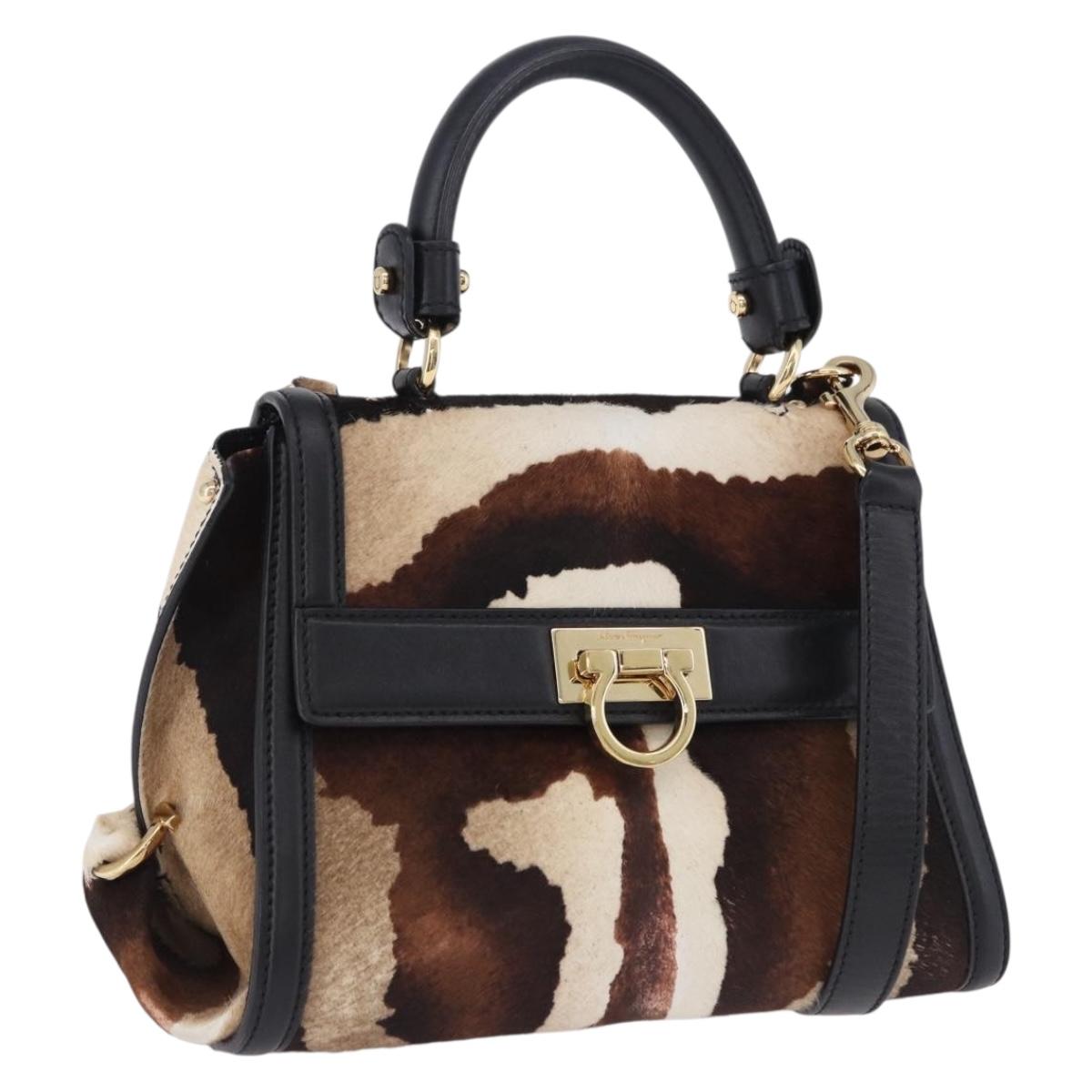 Salvatore Ferragamo Gancini Sofia Bag Harako leather 2way Brown Gold Auth 196922A