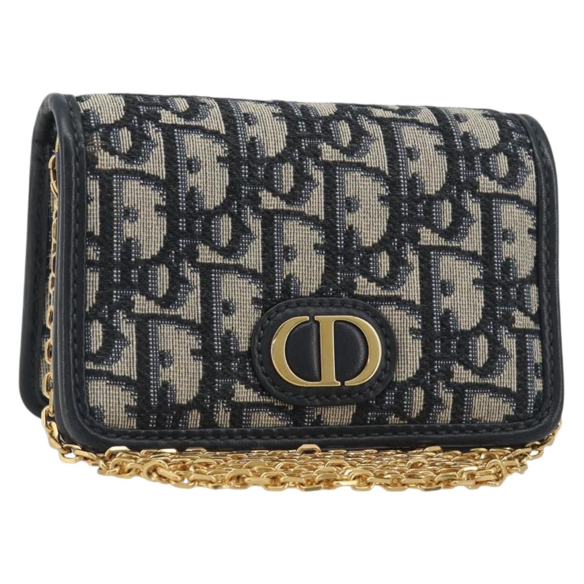 Christian Dior Trotter Canvas Chain Shoulder Bag Navy Gold Auth 196933M