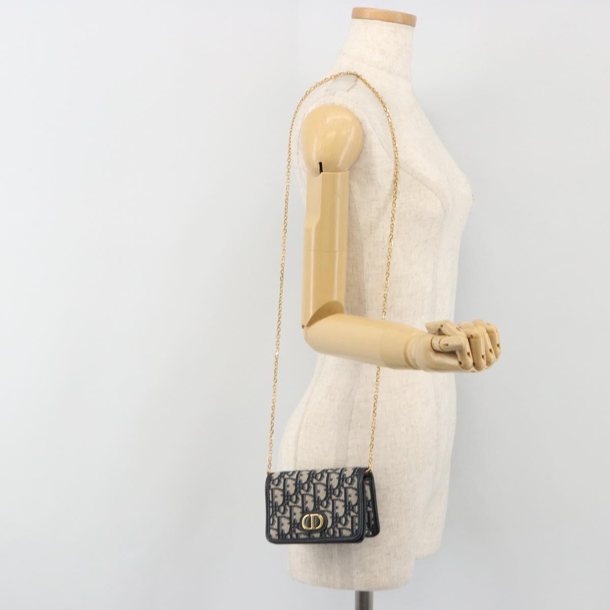 Christian Dior Trotter Canvas Chain Shoulder Bag Navy Gold Auth 196933M