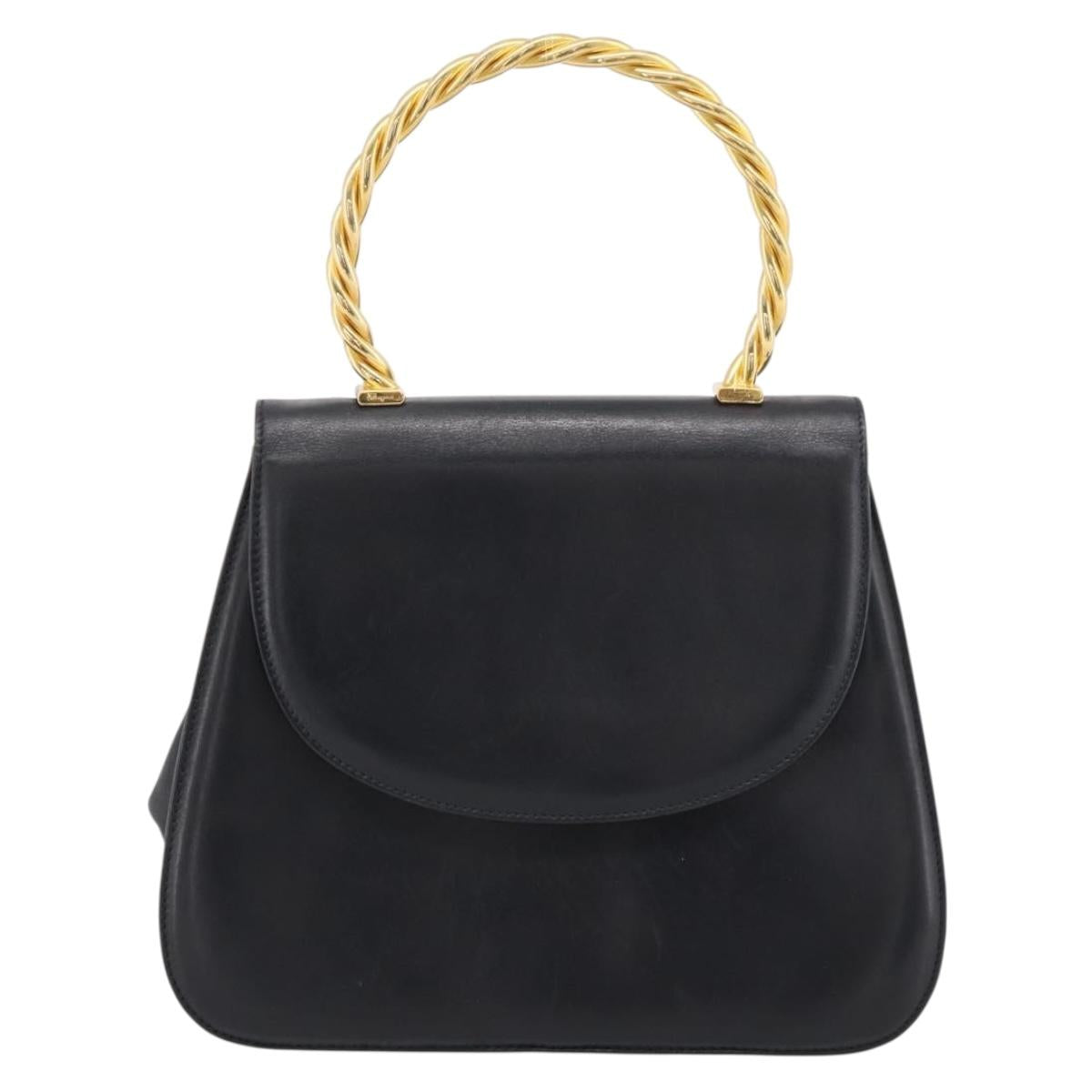 Salvatore Ferragamo Gancini Hand Bag Leather Black Gold Auth 196959A