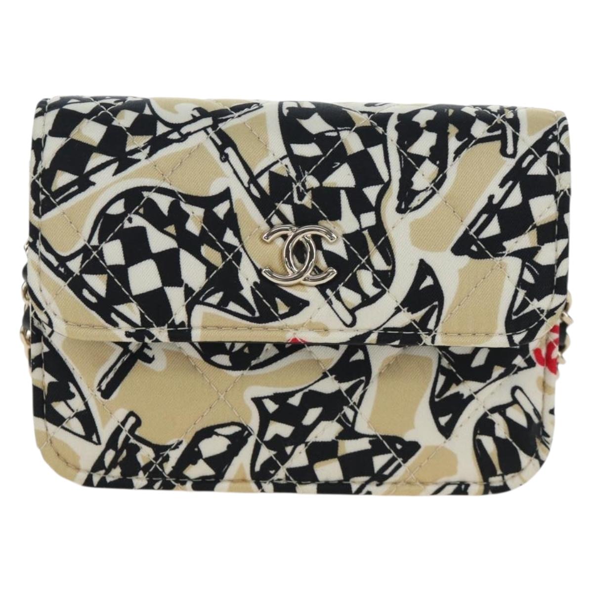 CHANEL Mini Matelasse Chain Shoulder Pouch Satin Beige Silver CC Auth 196975M