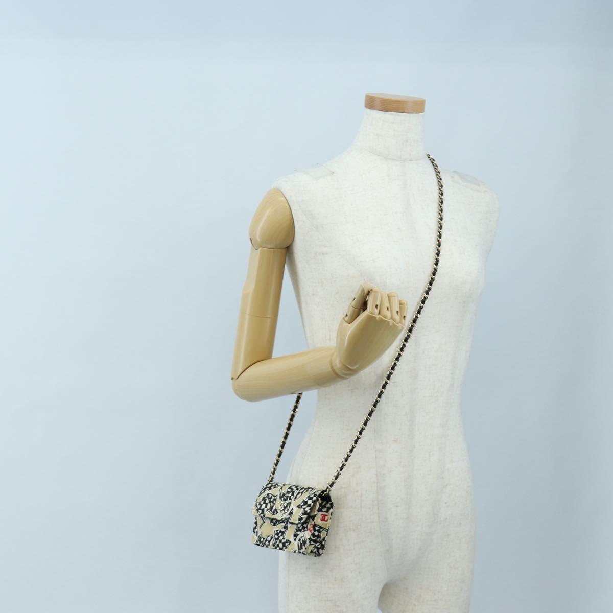CHANEL Mini Matelasse Chain Shoulder Pouch Satin Beige Silver CC Auth 196975M