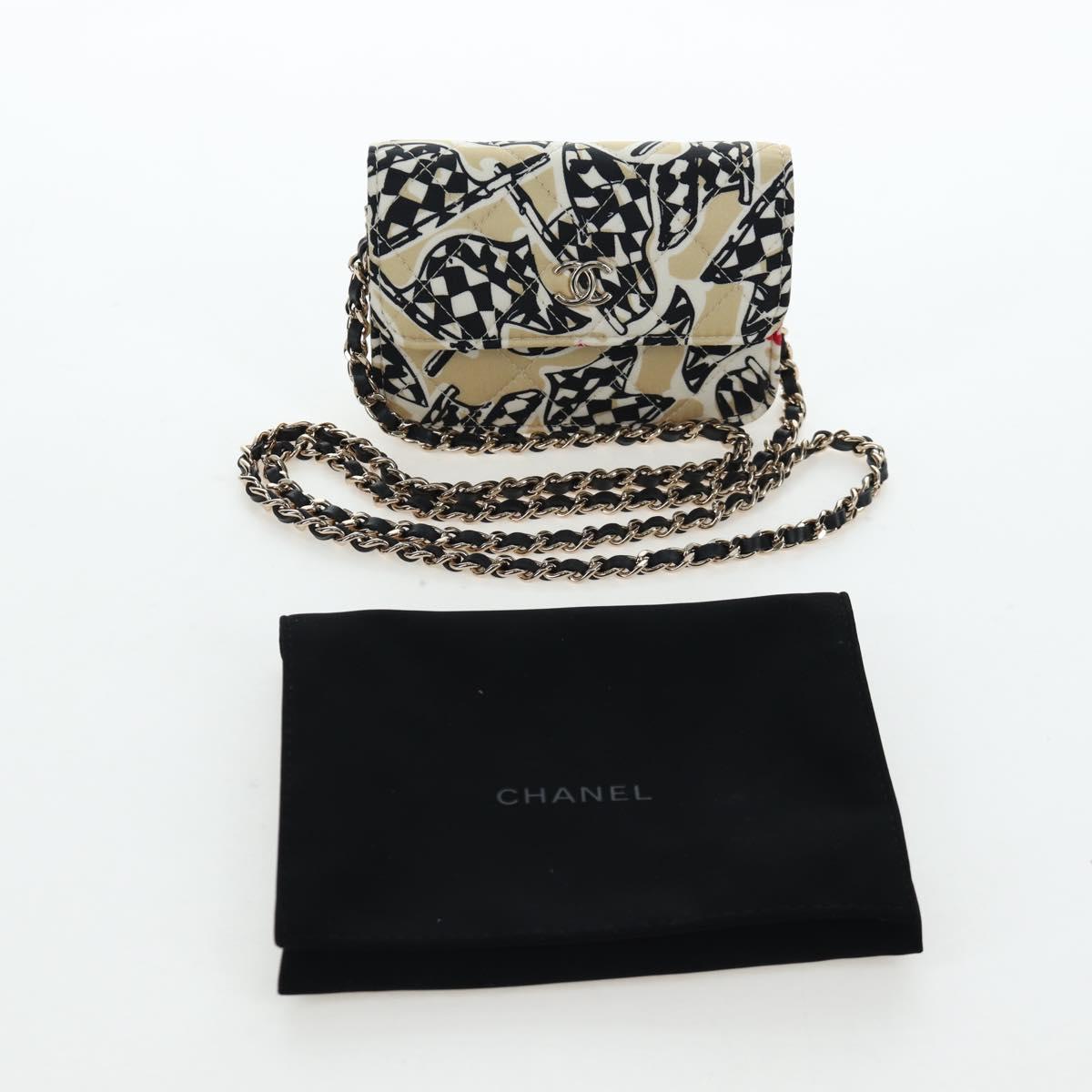 CHANEL Mini Matelasse Chain Shoulder Pouch Satin Beige Silver CC Auth 196975M