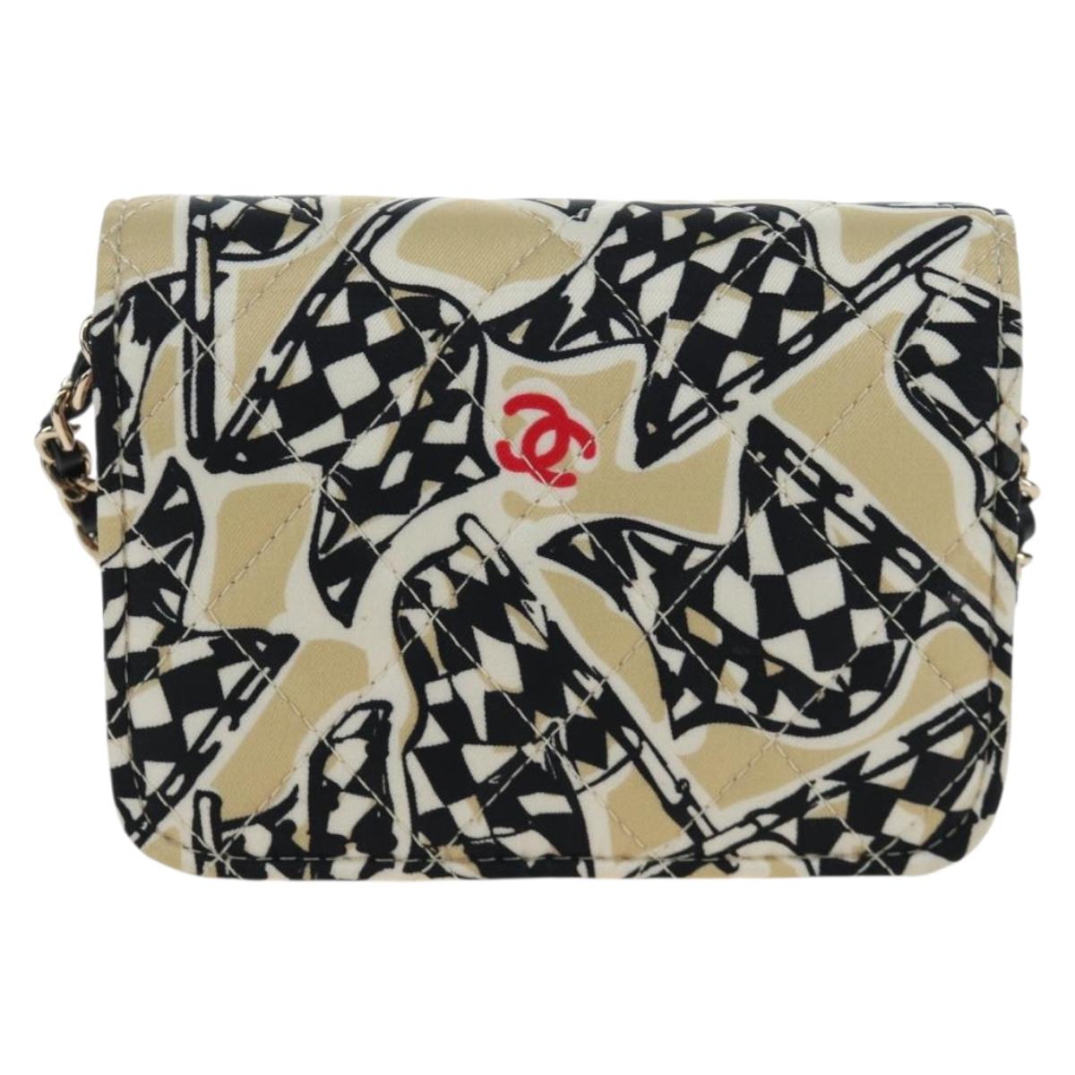 CHANEL Mini Matelasse Chain Shoulder Pouch Satin Beige Silver CC Auth 196975M