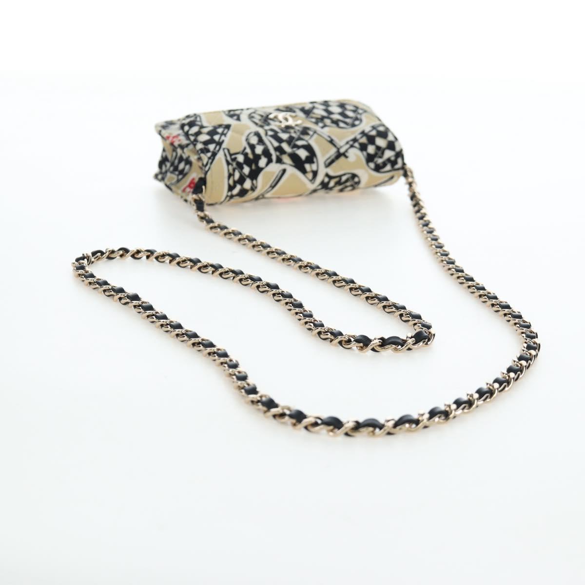 CHANEL Mini Matelasse Chain Shoulder Pouch Satin Beige Silver CC Auth 196975M