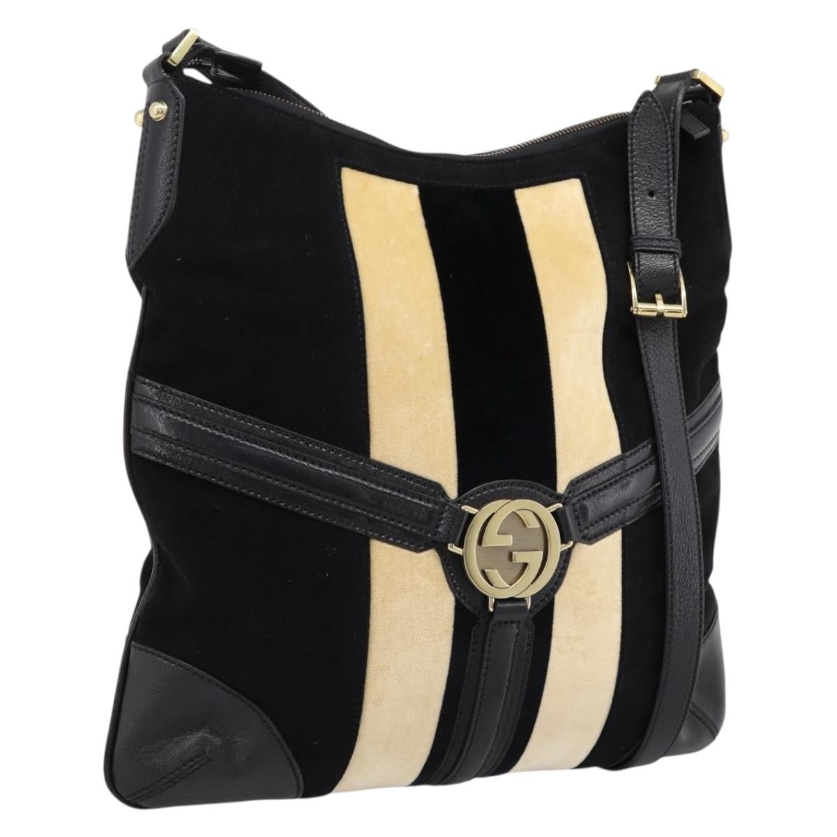 GUCCI Interlocking G Shoulder Bag Velor Black Gold 115568 Auth 196980V
