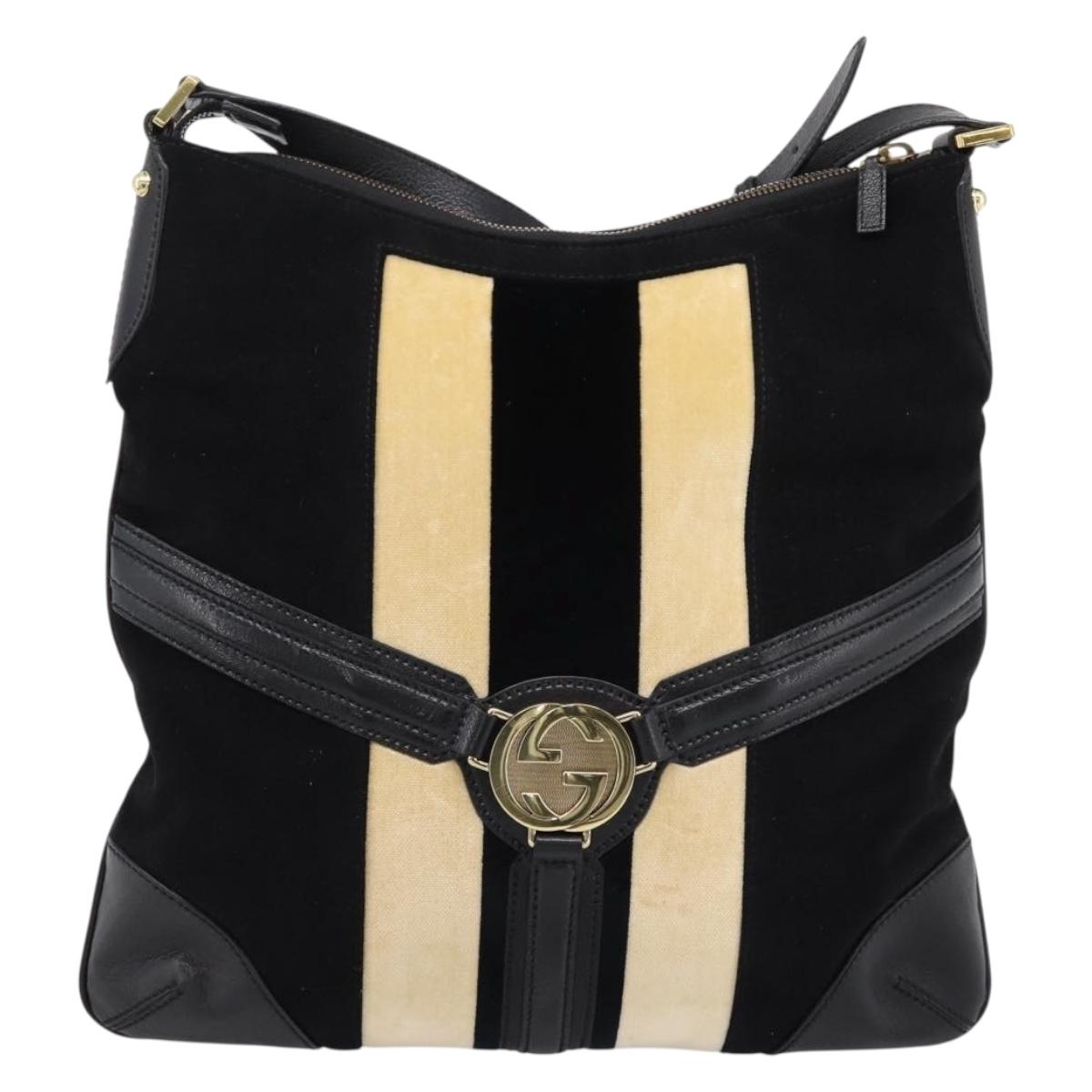 GUCCI Interlocking G Shoulder Bag Velor Black Gold 115568 Auth 196980V