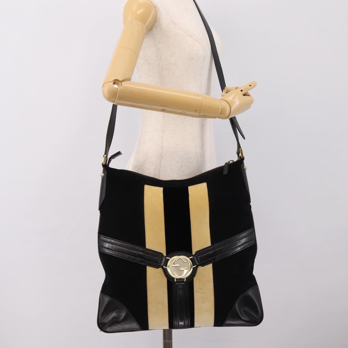 GUCCI Interlocking G Shoulder Bag Velor Black Gold 115568 Auth 196980V