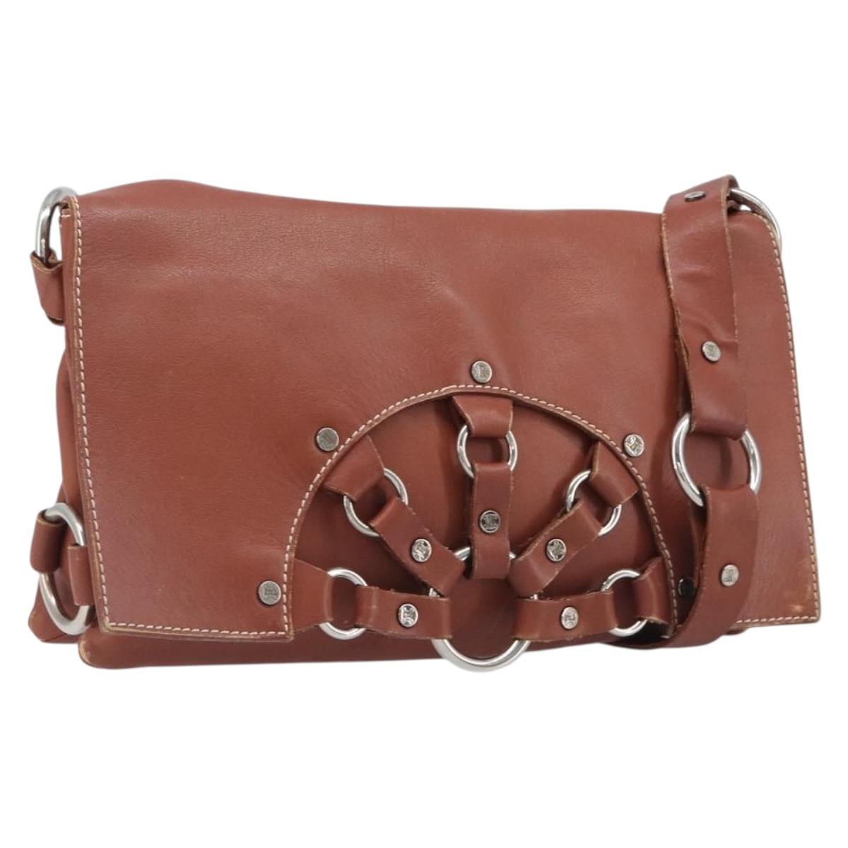 CELINE Shoulder Bag Leather Brown Silver Auth 196983