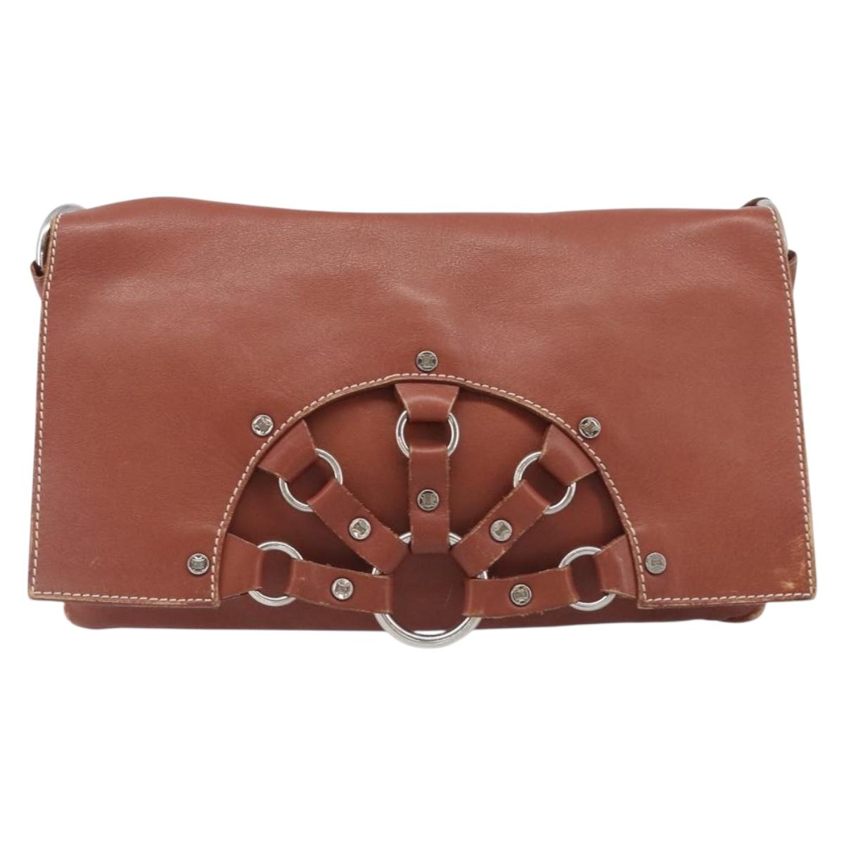 CELINE Shoulder Bag Leather Brown Silver Auth 196983