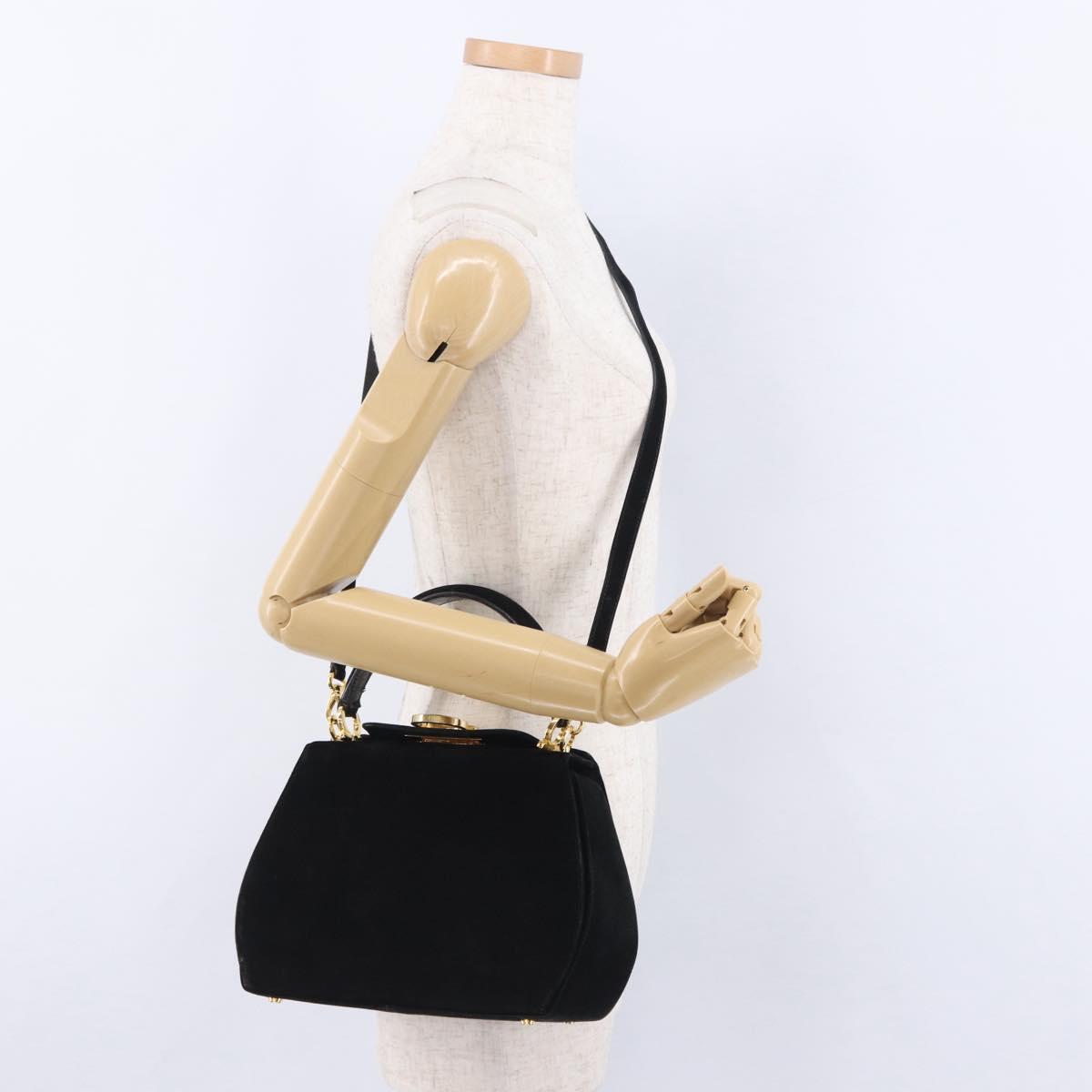Salvatore Ferragamo Gancini Shoulder Bag Suede 2way Black Gold Auth 196987