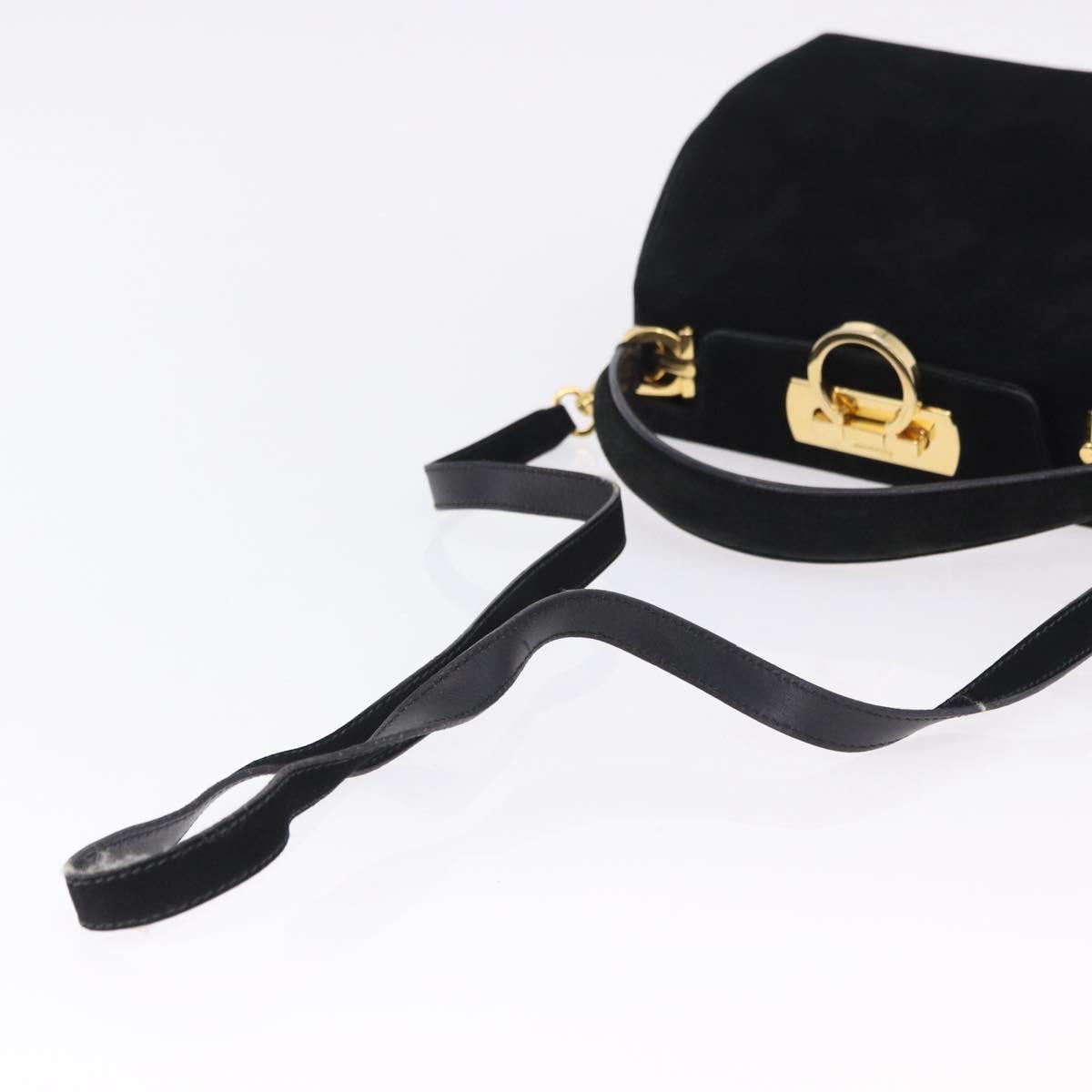 Salvatore Ferragamo Gancini Shoulder Bag Suede 2way Black Gold Auth 196987