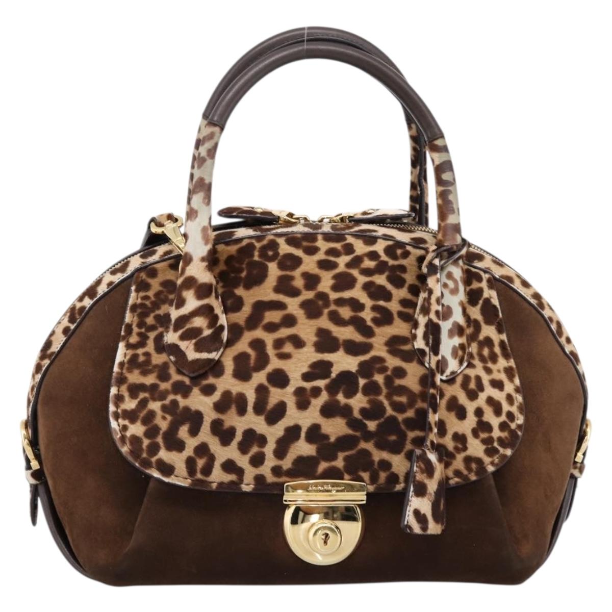 Salvatore Ferragamo Gancini Hand Bag Harako leather 2way Brown Gold Auth 197007A