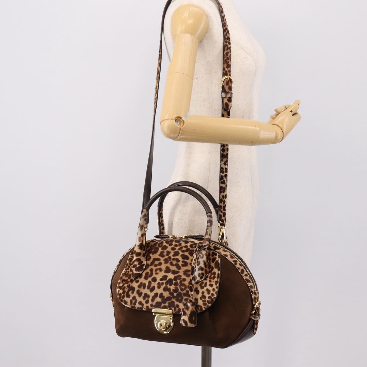 Salvatore Ferragamo Gancini Hand Bag Harako leather 2way Brown Gold Auth 197007A