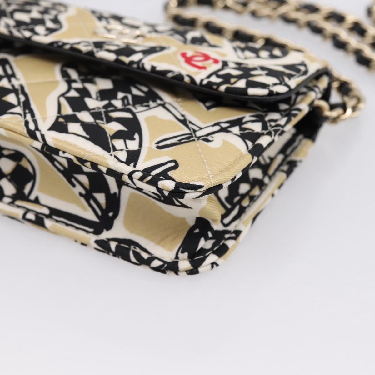 CHANEL Checker Flag Chain Shoulder Bag Canvas Beige Gold CC Auth 197010SAM