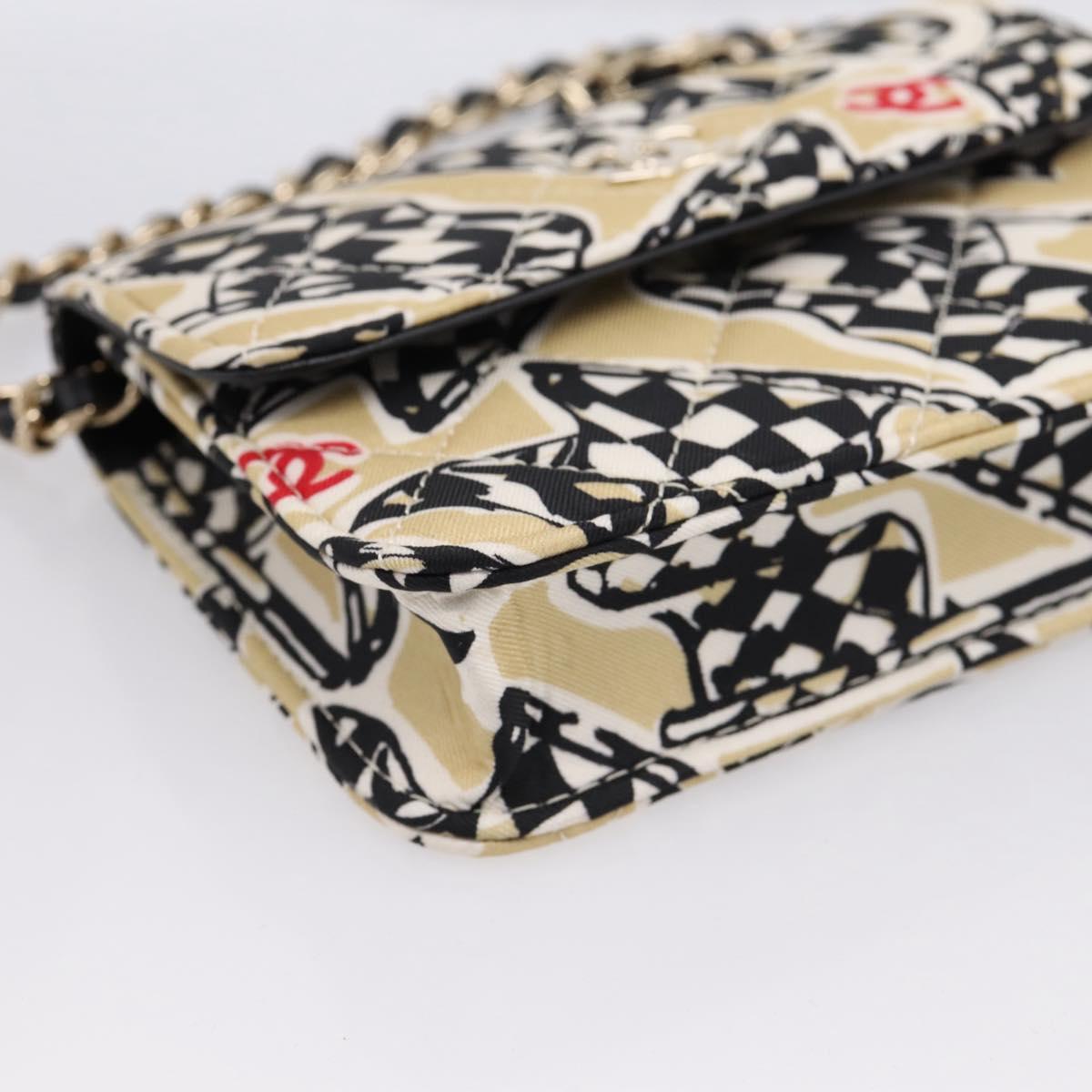CHANEL Checker Flag Chain Shoulder Bag Canvas Beige Gold CC Auth 197010SAM