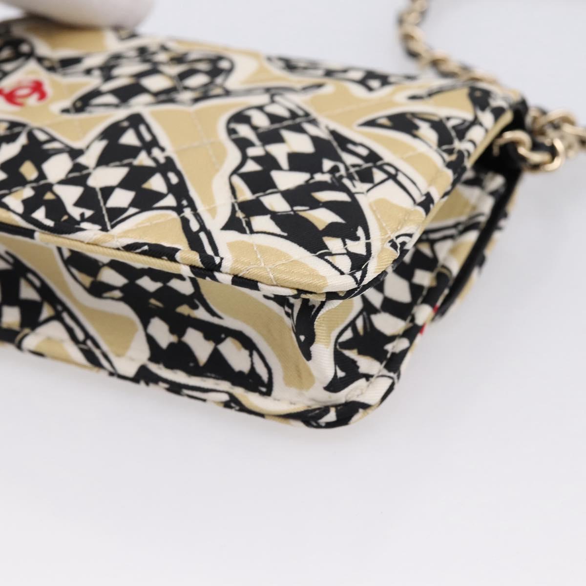 CHANEL Checker Flag Chain Shoulder Bag Canvas Beige Gold CC Auth 197010SAM