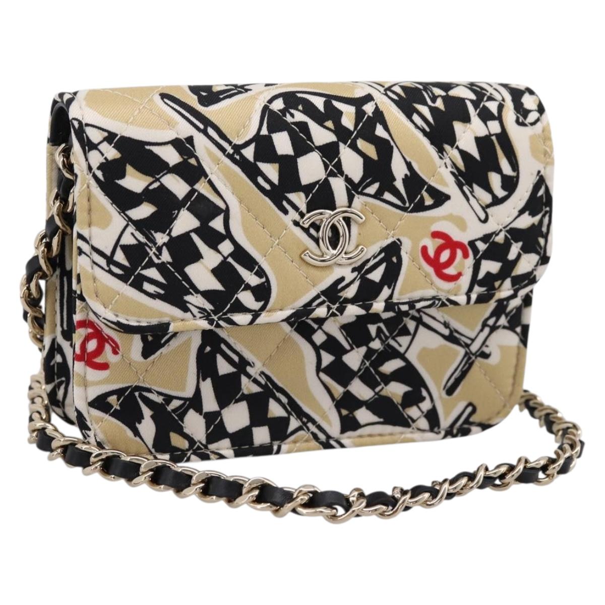 CHANEL Checker Flag Chain Shoulder Bag Canvas Beige Gold CC Auth 197010SAM