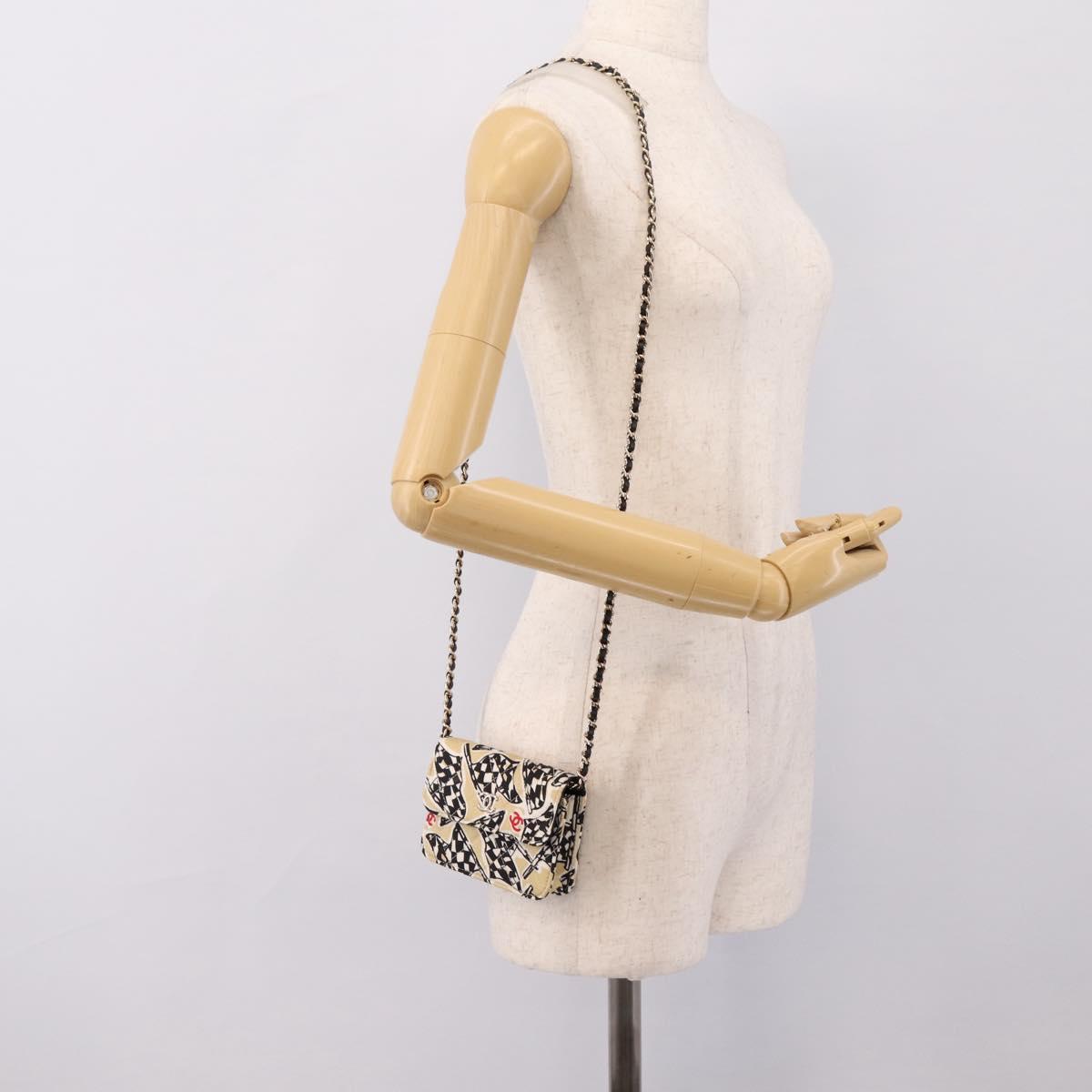 CHANEL Checker Flag Chain Shoulder Bag Canvas Beige Gold CC Auth 197010SAM