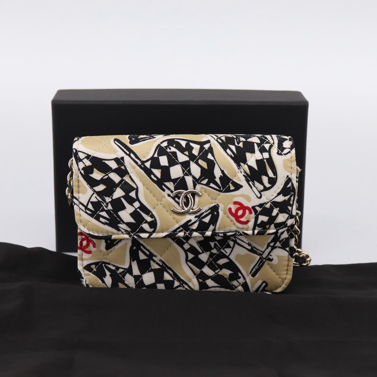CHANEL Checker Flag Chain Shoulder Bag Canvas Beige Gold CC Auth 197010SAM
