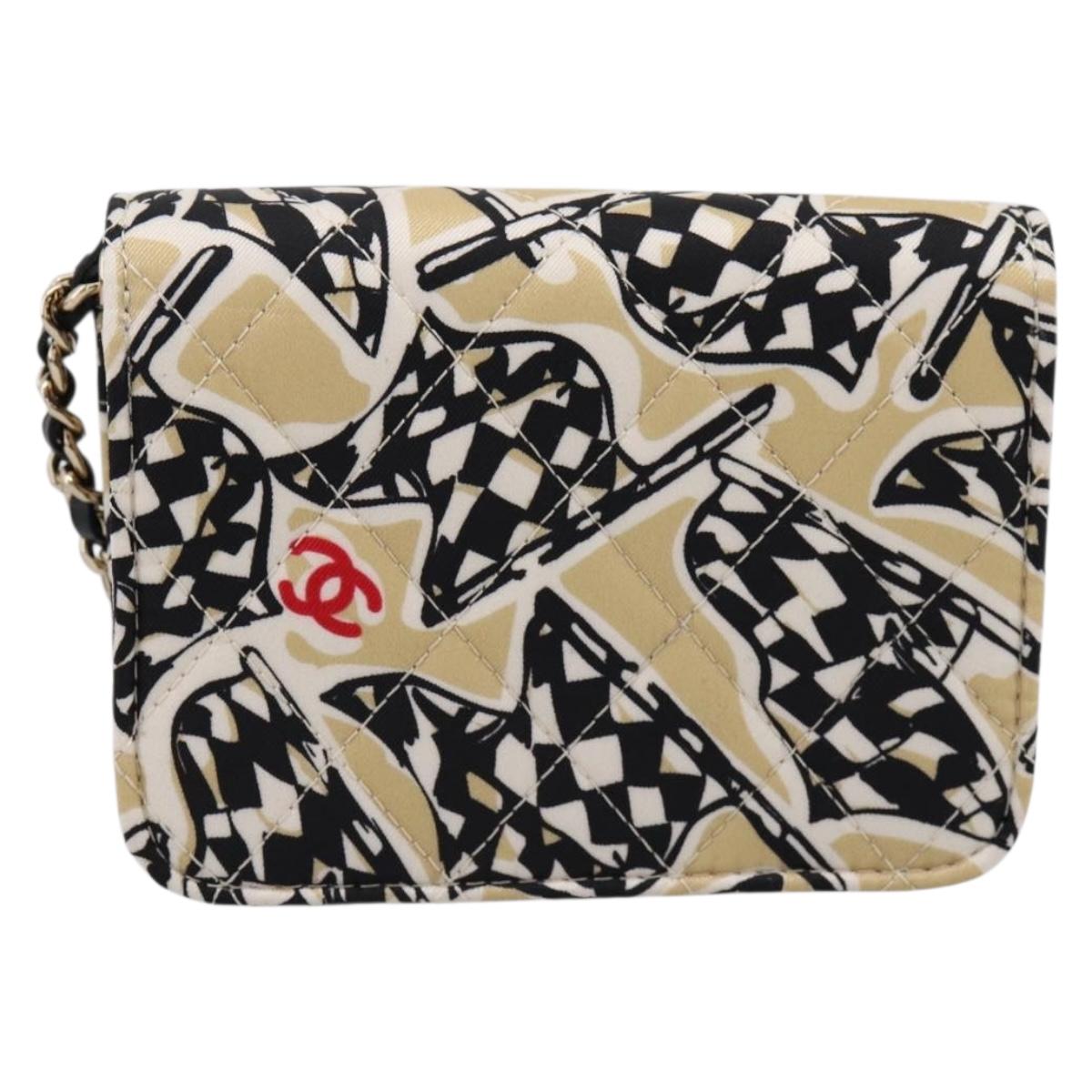 CHANEL Checker Flag Chain Shoulder Bag Canvas Beige Gold CC Auth 197010SAM