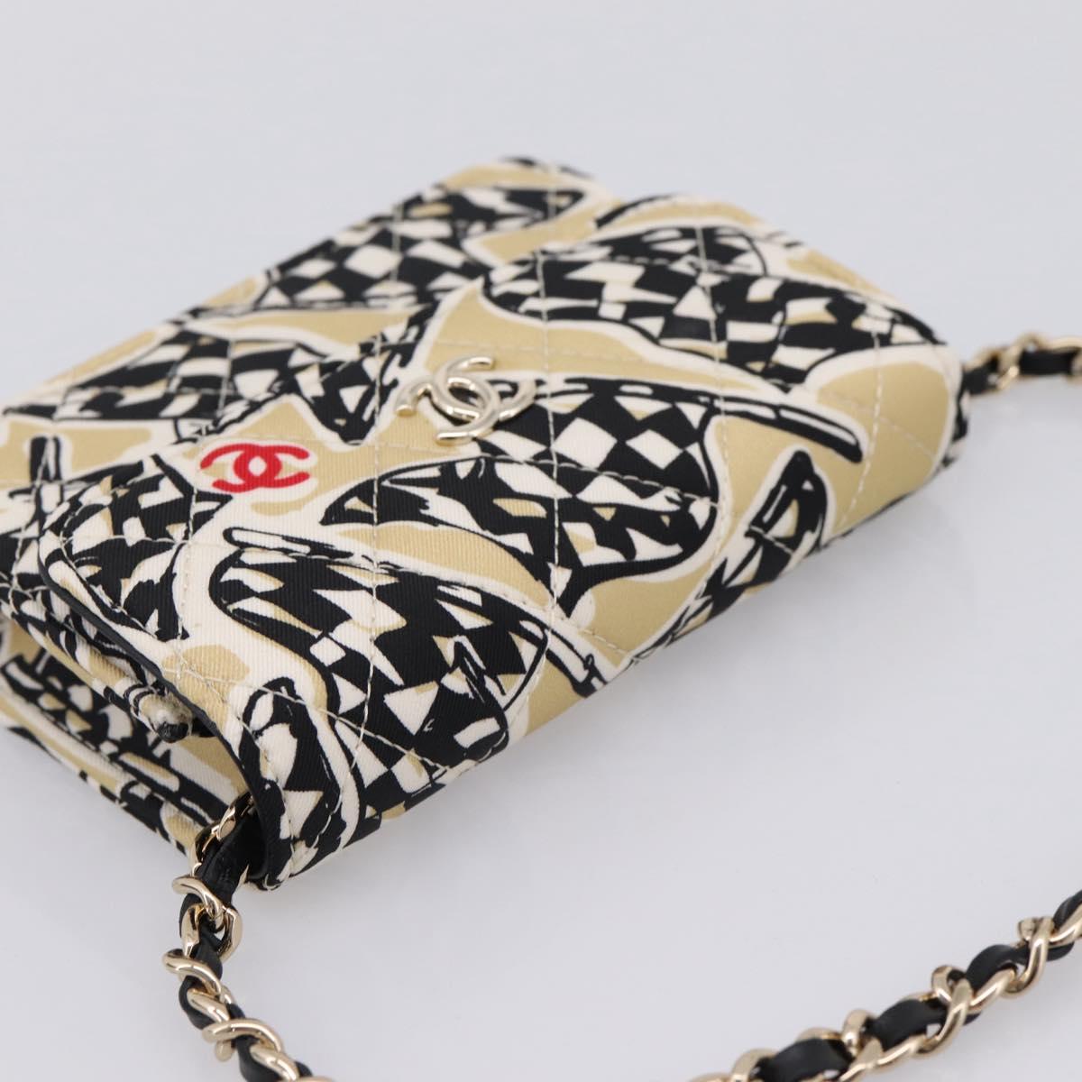 CHANEL Checker Flag Chain Shoulder Bag Canvas Beige Gold CC Auth 197010SAM