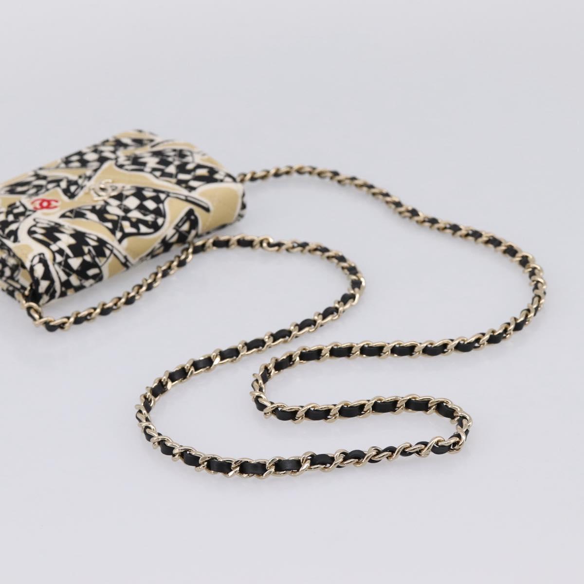 CHANEL Checker Flag Chain Shoulder Bag Canvas Beige Gold CC Auth 197010SAM